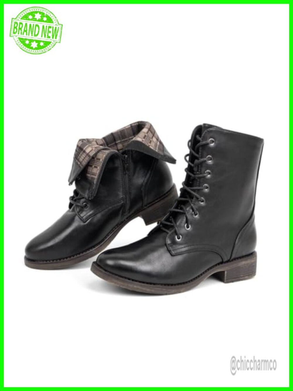 Mid Calf Combat Boots Lace-Up Low Heel Faux Leather